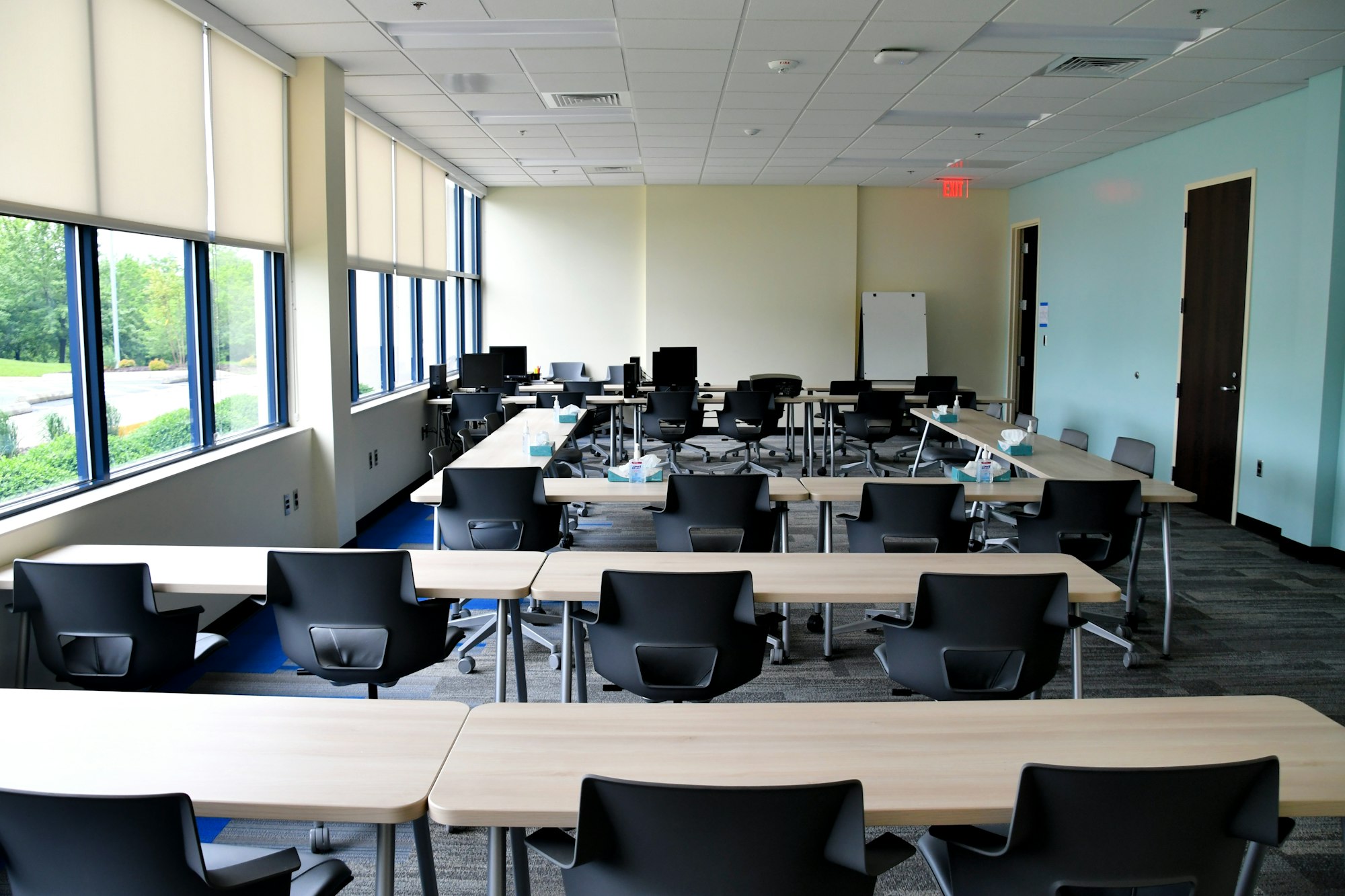 Bright, clean, modern training room at work in an office building for new employee orientation